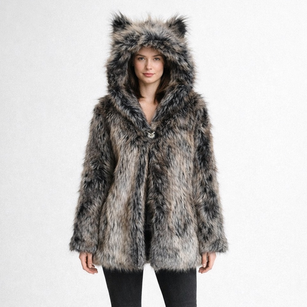 SpiritHoods Grey Wolf Faux Fur Coat Hooded Ears Festival Rave Size S